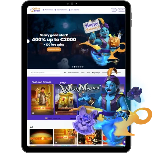 Golden Genie casino shown on a tablet with the genie mascot